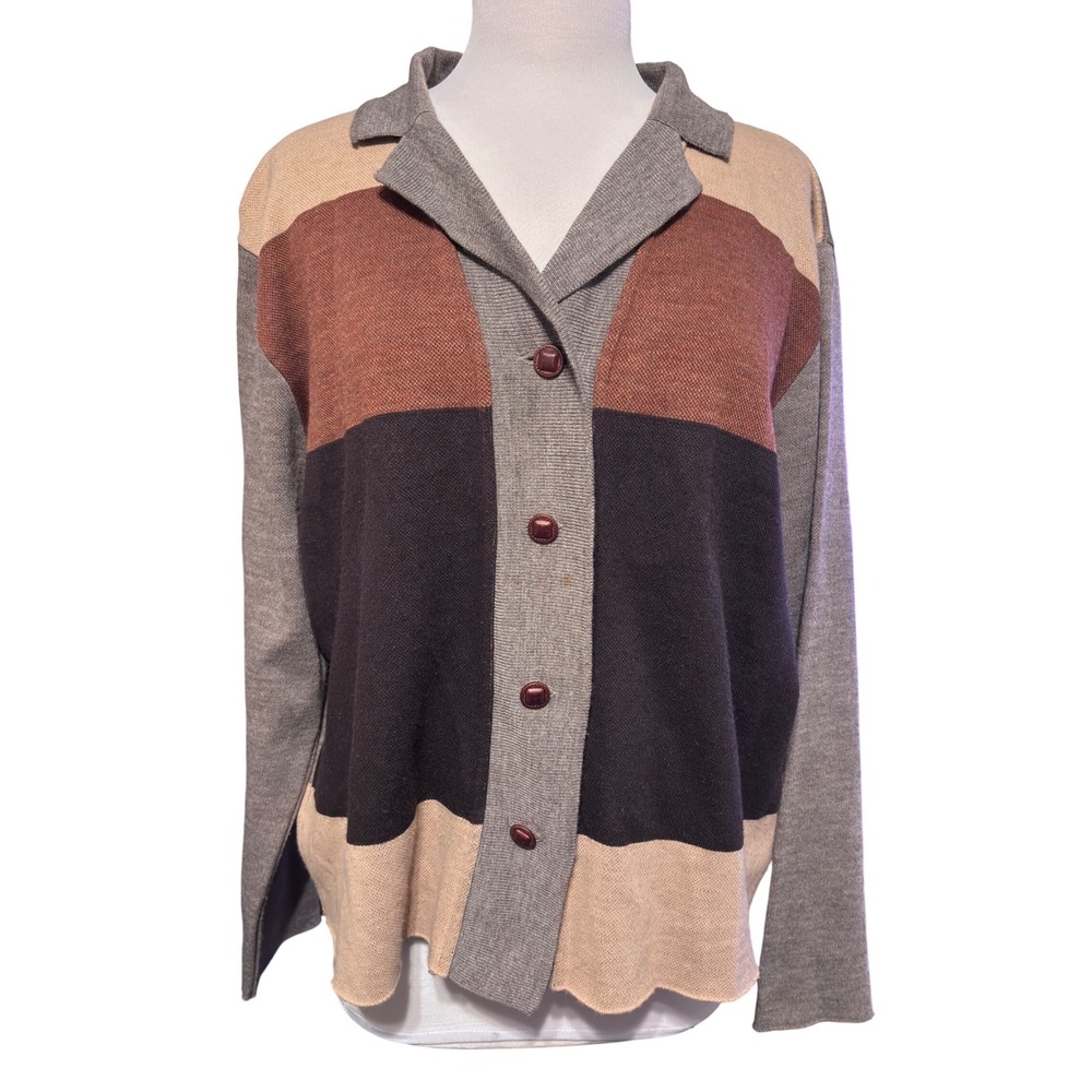 KL Collection Cardigan‎ Sweater Womens L Multi Colorblock Button Front Excellent